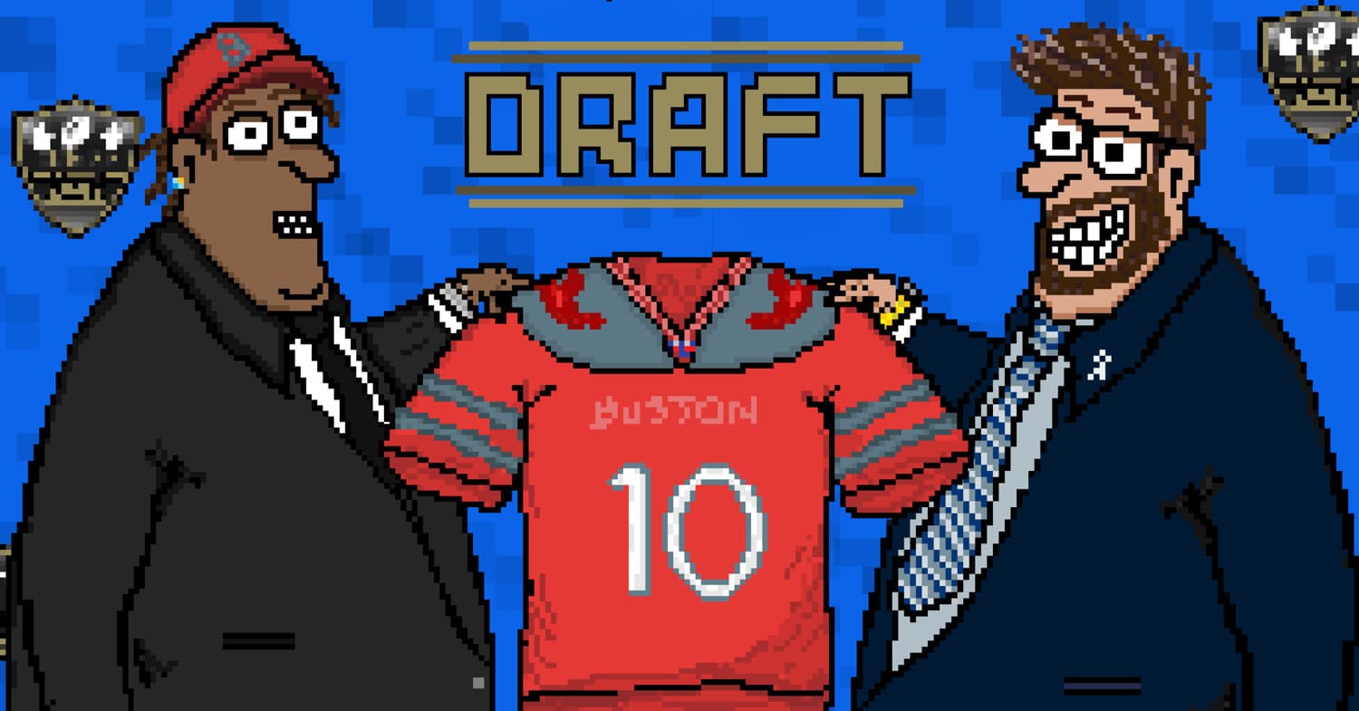 NFGL Commissioner holding up a Boston Lobsters jersey number 10 with a newly drafted player